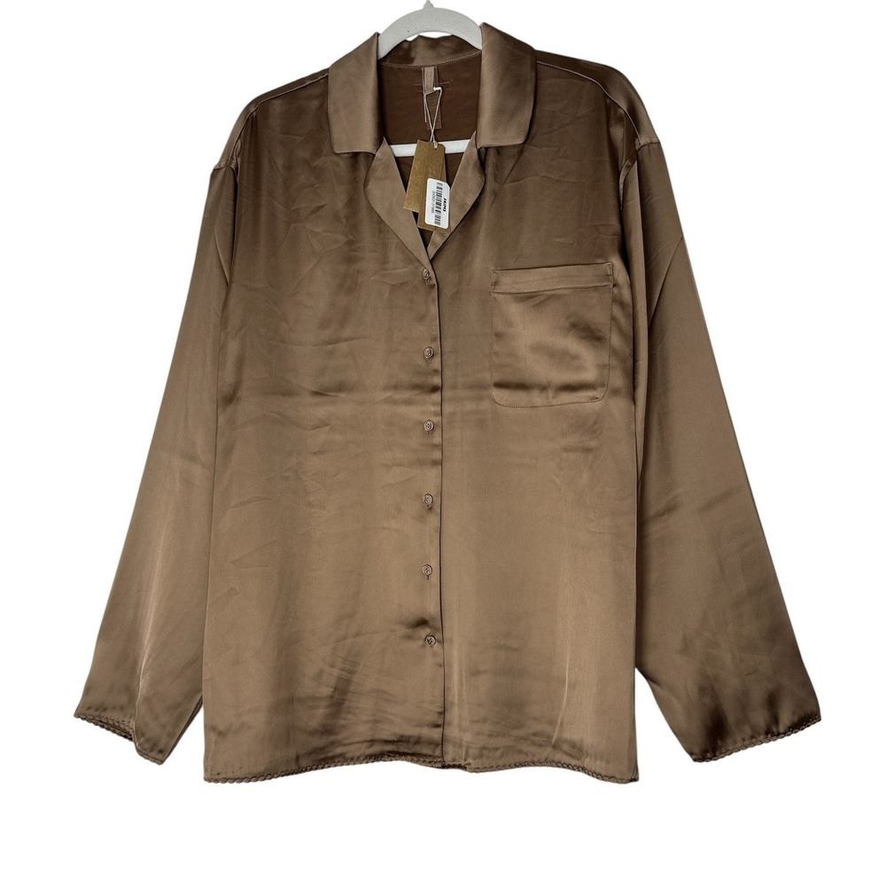 NEW Skims‎ Woven Shine Sleep Top Women's Large  Long Sleeve Sienna Button Front